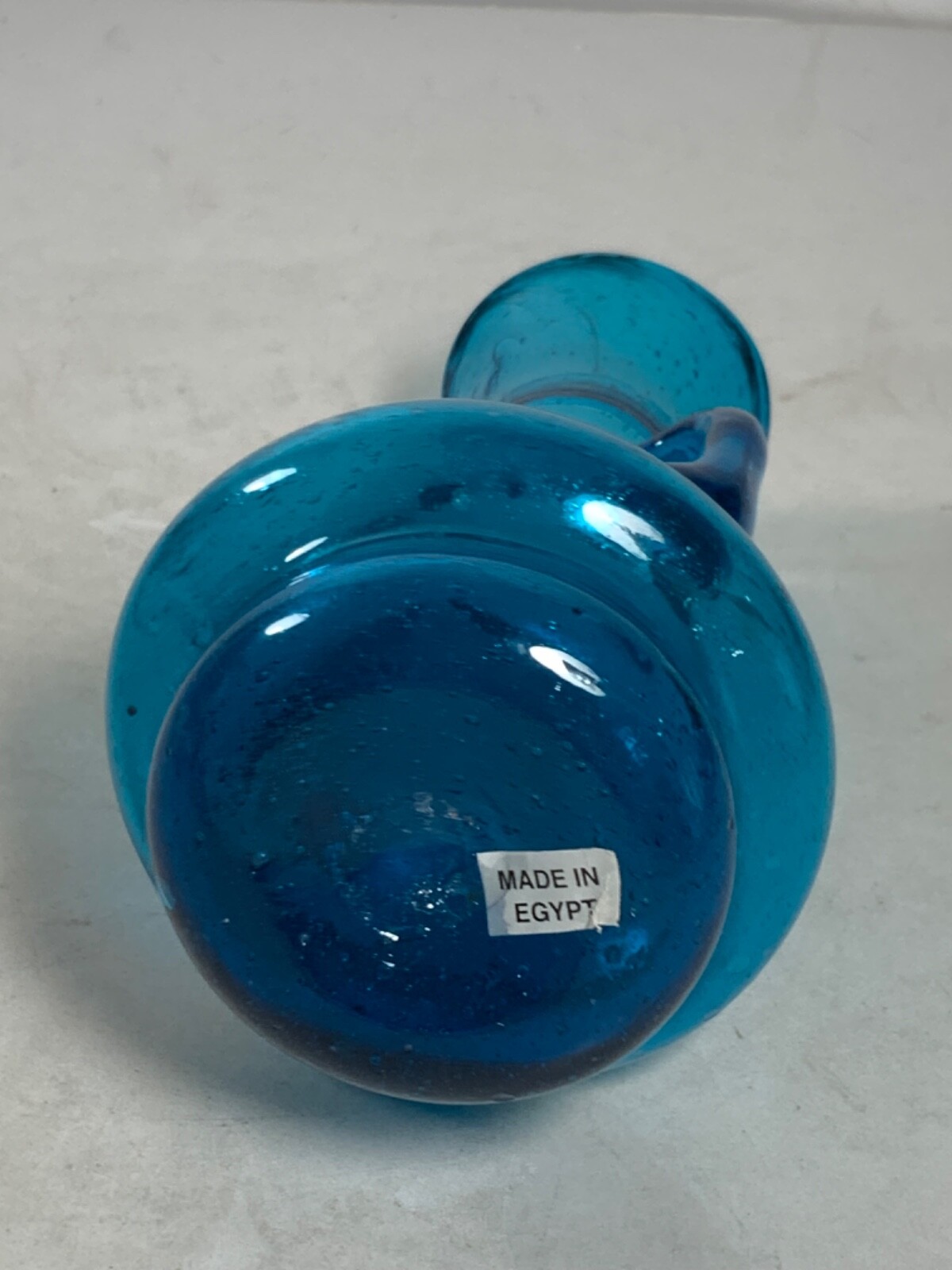 Vintage Hand Blown Blue Glass Small Vase with Applied Handles Made in Egypt 6″