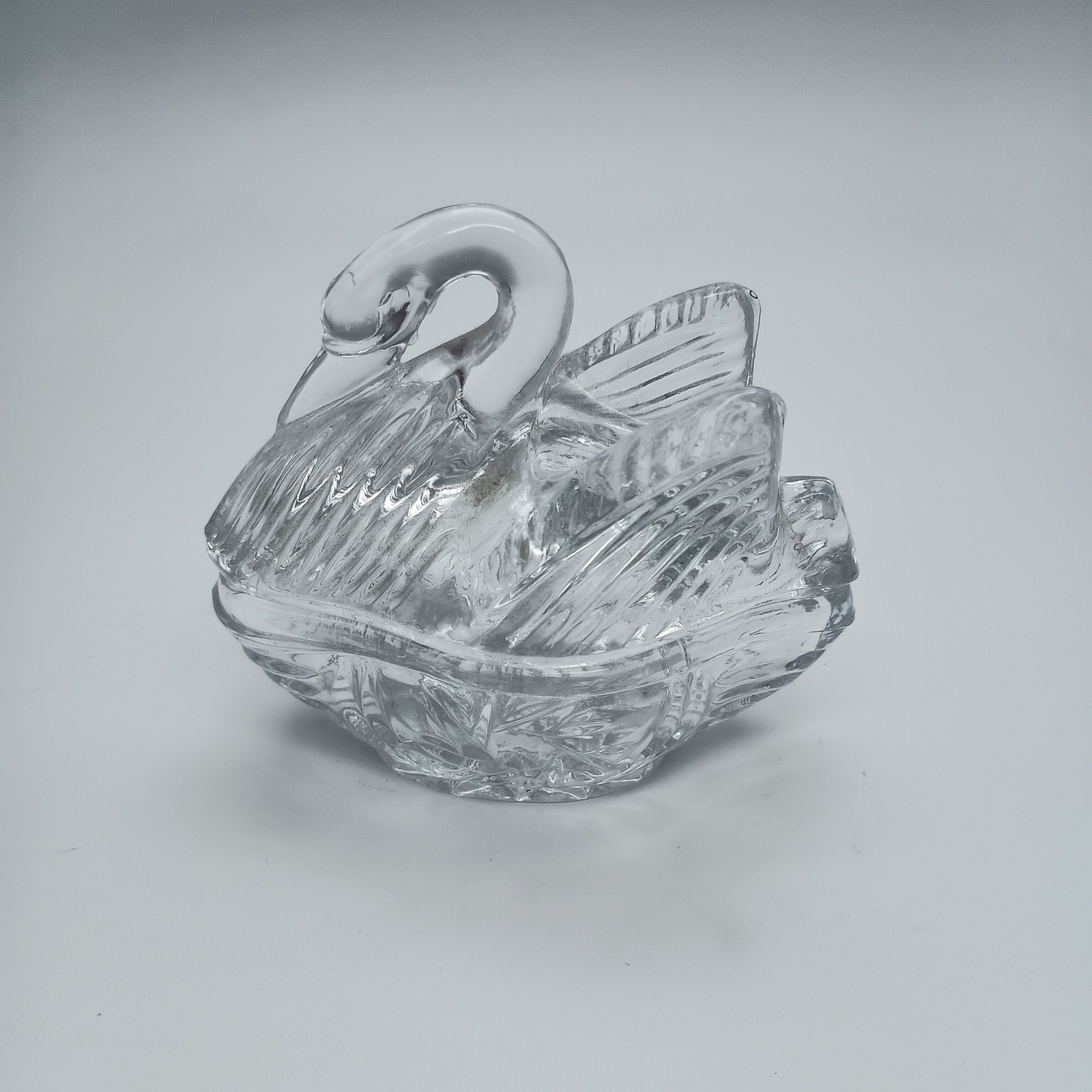 Vintage Clear Pressed Glass Swan Trinket Dish with Lid Jewelry Box Starburst