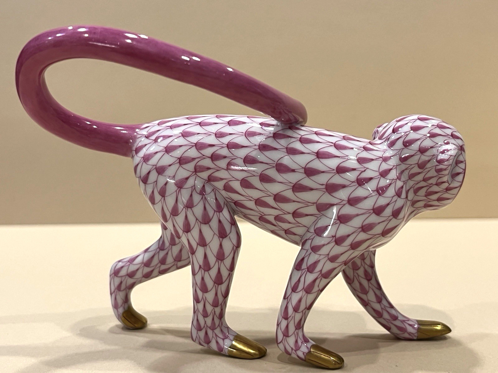 Herend Figurine Monkey Walking Raspberry Pink Fishnet