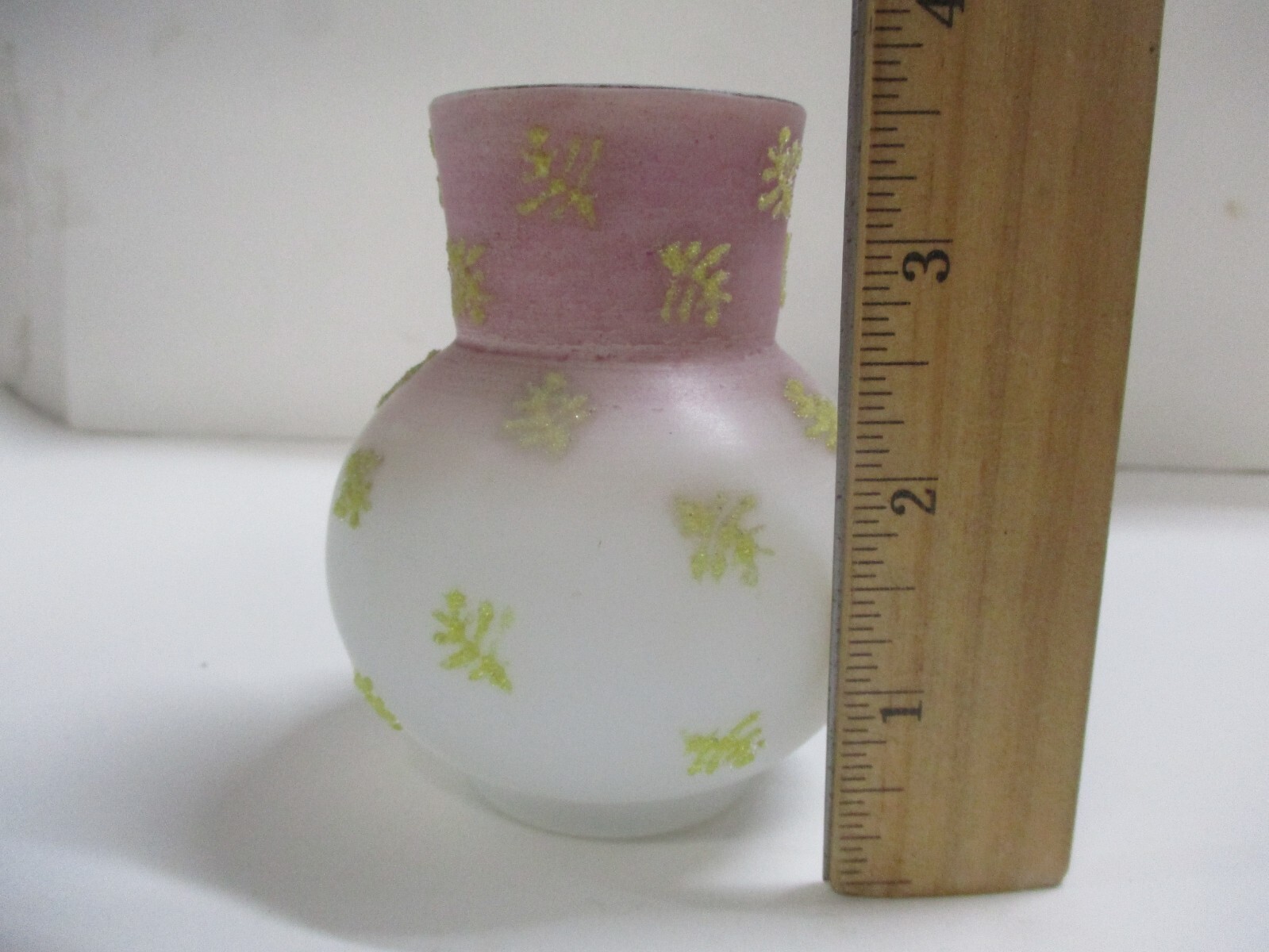 Antique 4″ Coralene Small Bulb Pink Vase Unknown Maker CHIPPED