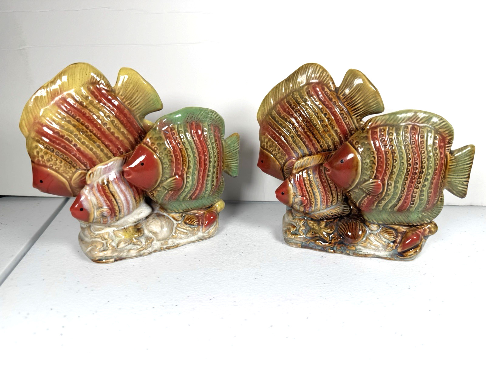 Vintage MCM Ceramic Fish Figurine Pottery Browns Green and Blue Set of 2