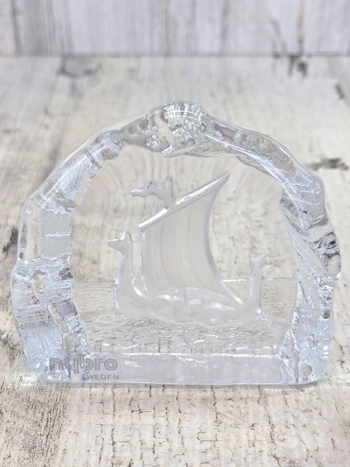 Nybro Crystal Sweden Viking Ship Paperweight