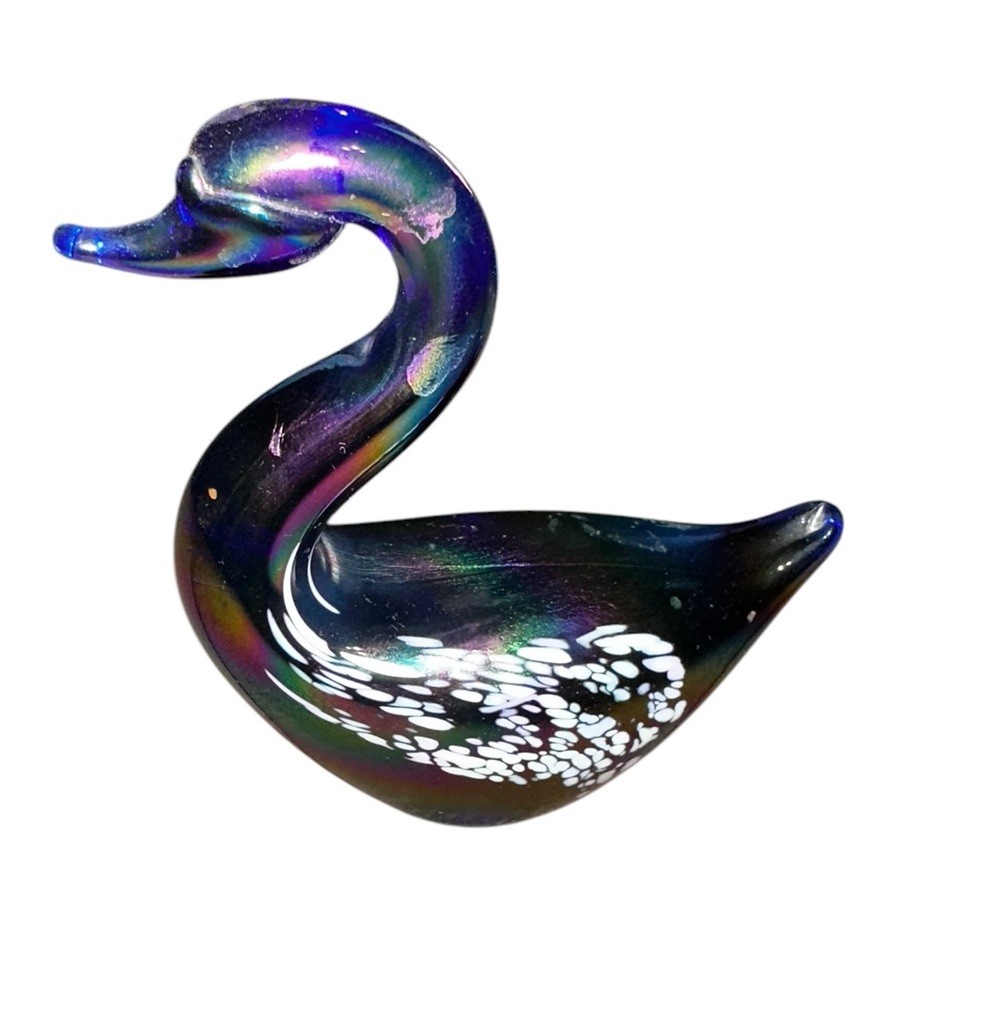 Vintage Art Glass Swan Cobalt Blue With White Iridescence