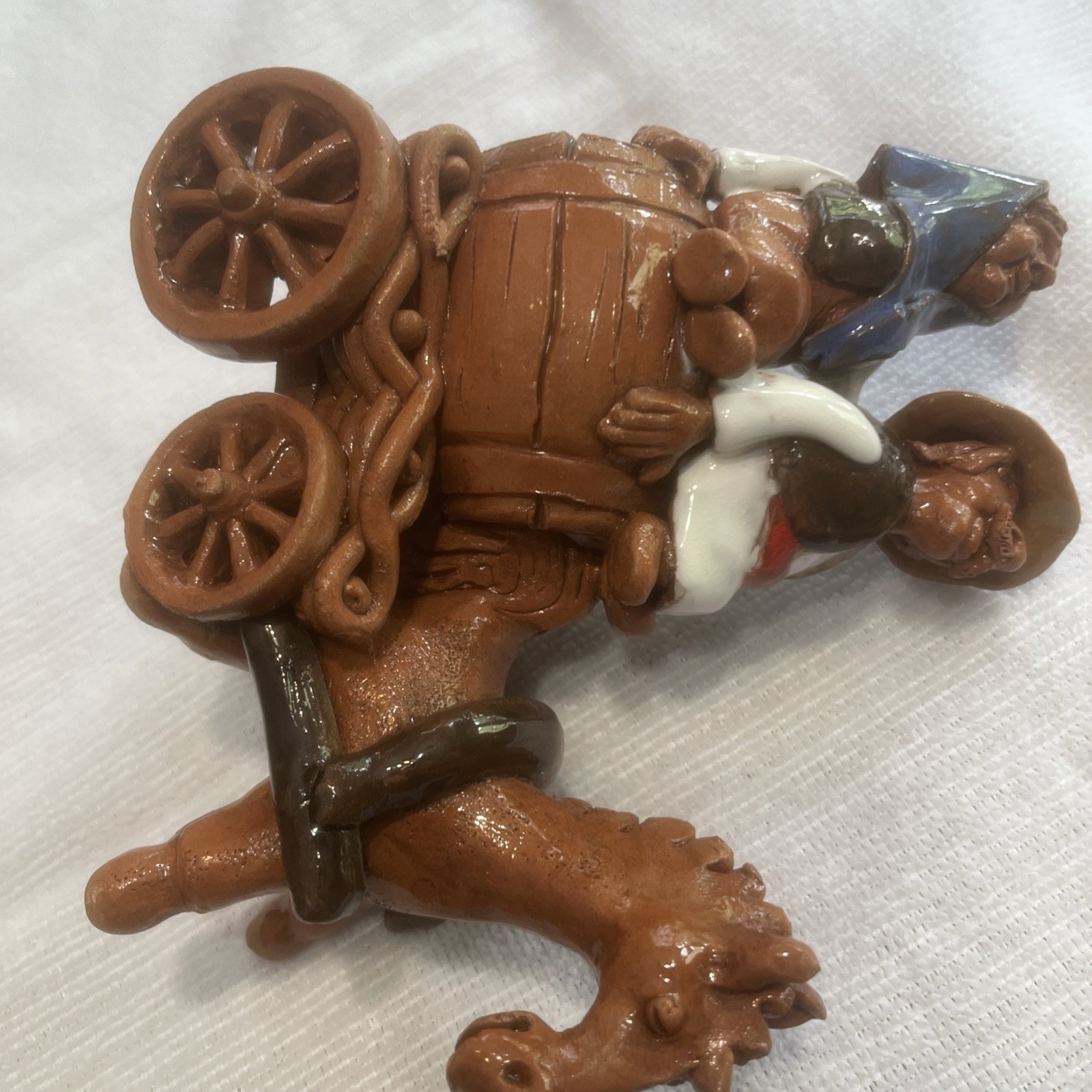Clay Pottery Ceramic Figurine Man Pulling a Barrel wagon elderly man & women