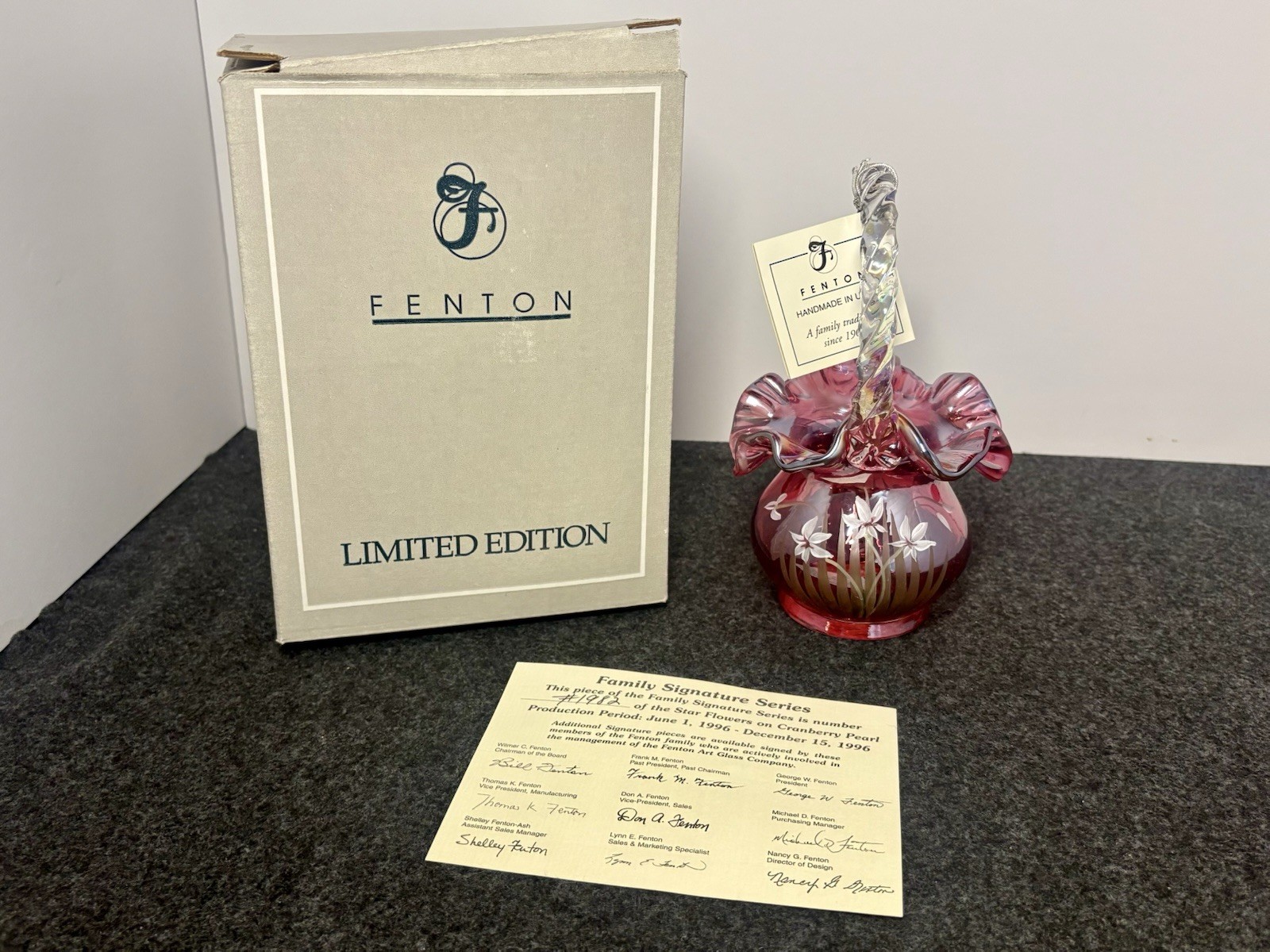 1996 Fenton Family Signature Series Star Flower Pearl Cranberry Basket w/BOX
