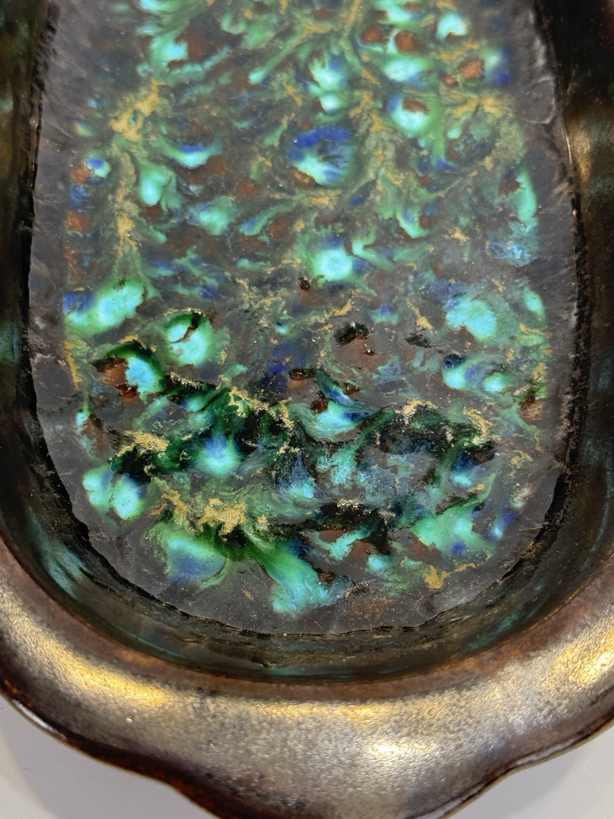 Mid Century Modern Green Brown Pottery Handmade Platter Glazed Retro 8″