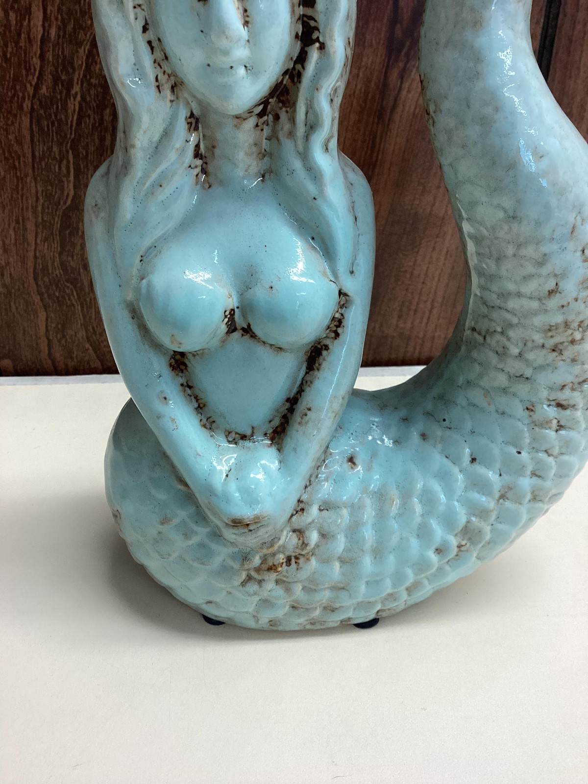 Blue Ceramic Mermaid Figurine Textured Tail High Gloss Nautical Art Unmarked