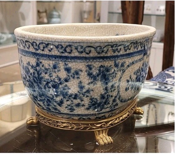 BLUE BOUQUET FLORAL PORCELAIN AND BRONZE ORMOLU OVAL PLANTER