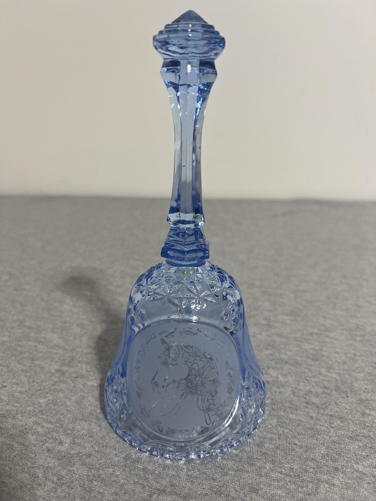 Vintage Blue Pressed Glass Bell Unicorn Motif Etched Panels Collectible Decor