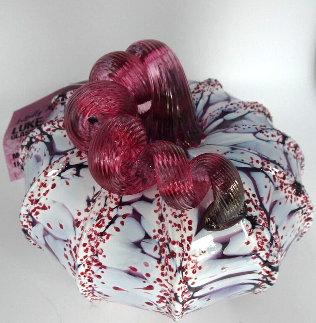 NIB Luke Adams Art Glass “CHERRY BLOSSOM” Mottled Pumpkin Figurine 5″ Squat LE