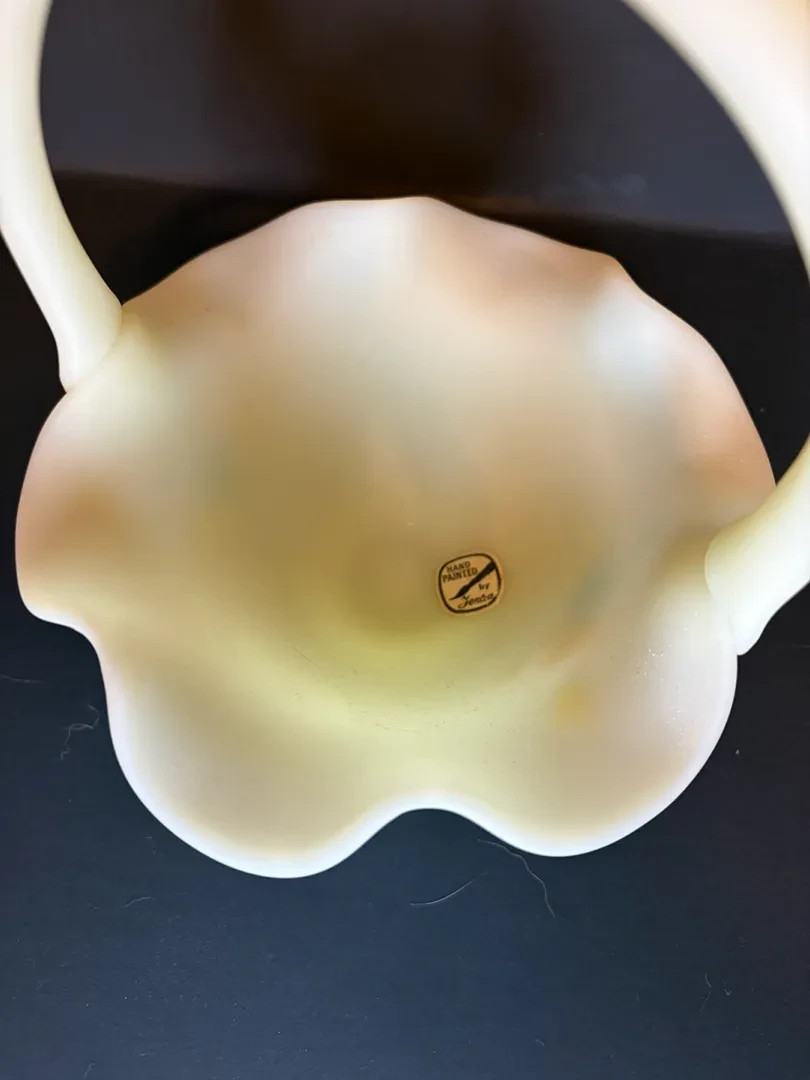 Porcelain Uranium Fenton Floral Basket Hand painted and signed by Debbie Lorentz