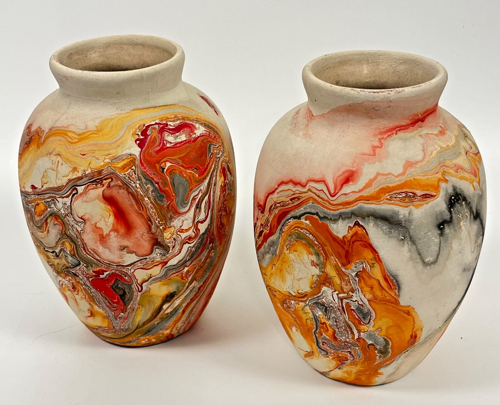 Vintage Nemadji Pottery Vases Pair 7” Swirl Marble Art Pottery USA Paper