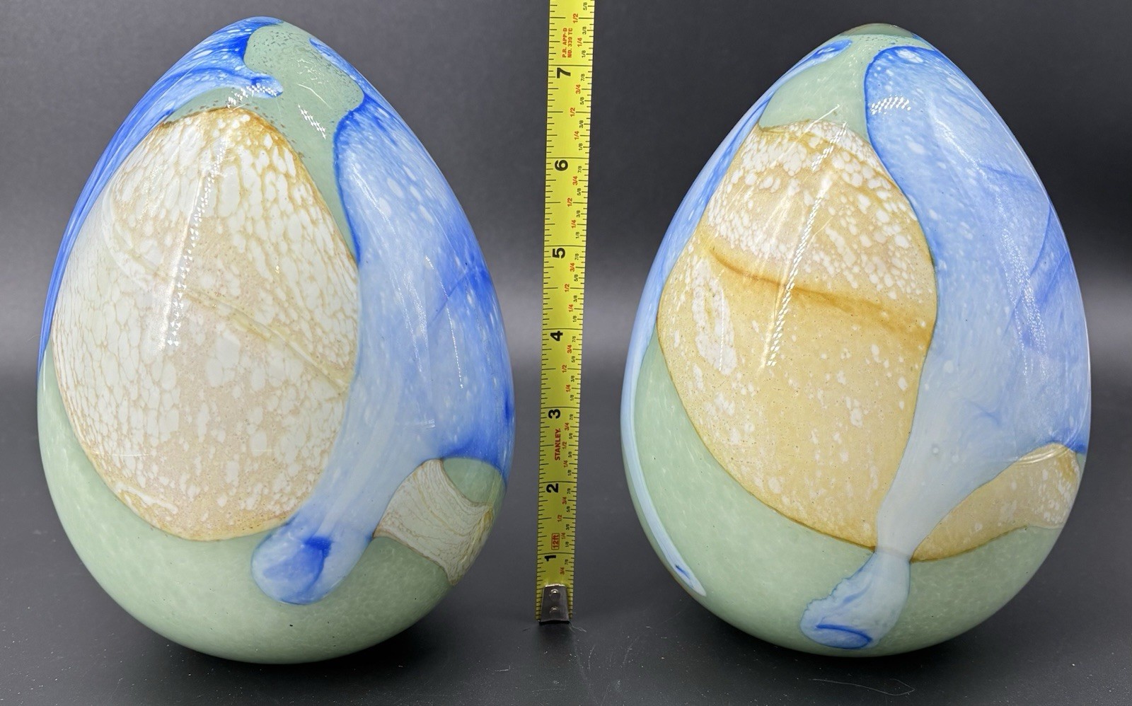 Hand Blown Glass Eggs Easter Large Approx 8” Blue Green Beige Hollow