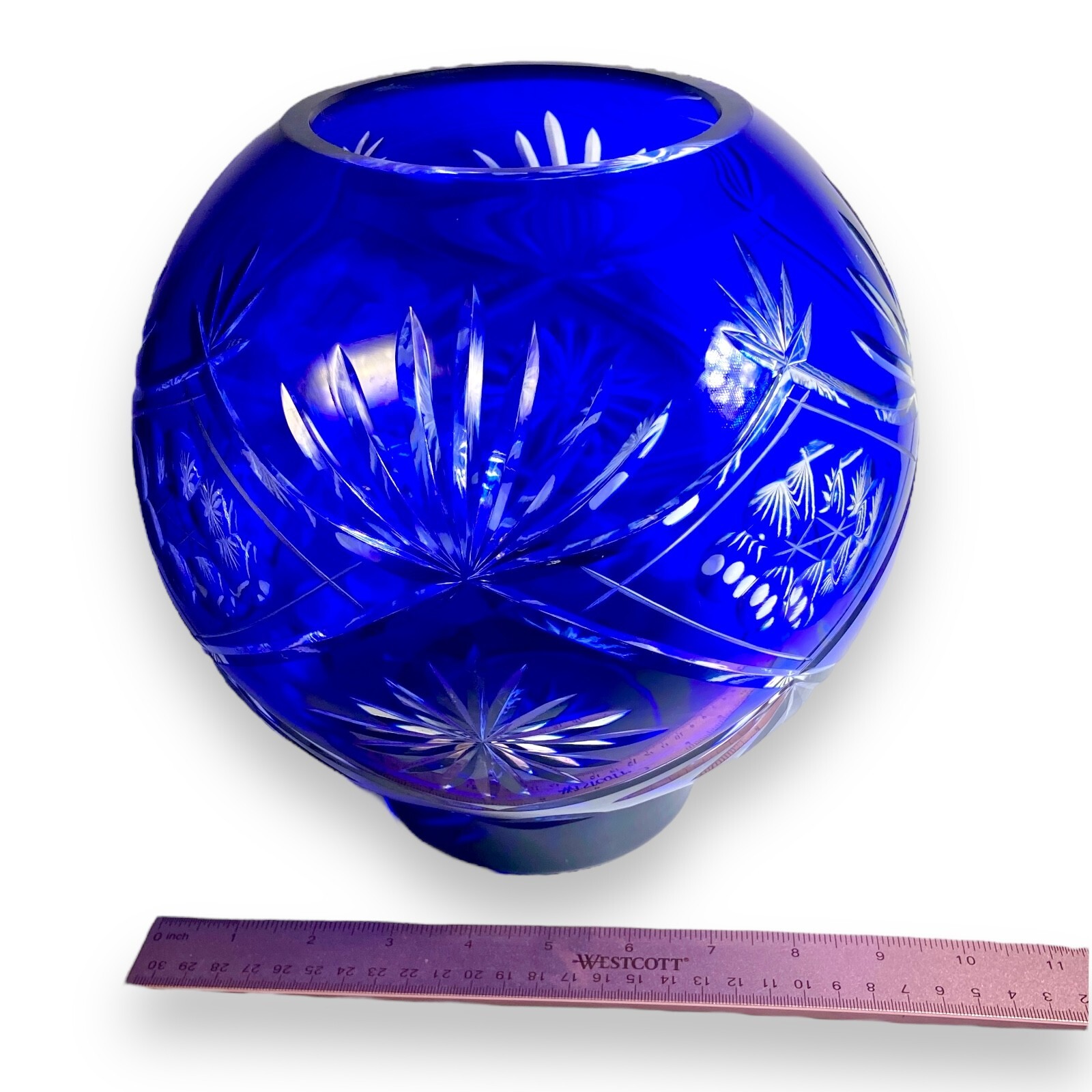 Vintage Bohemian Cobalt Cut-to-Clear Crystal Vase – 9.5″ Wheel Cut Design XL