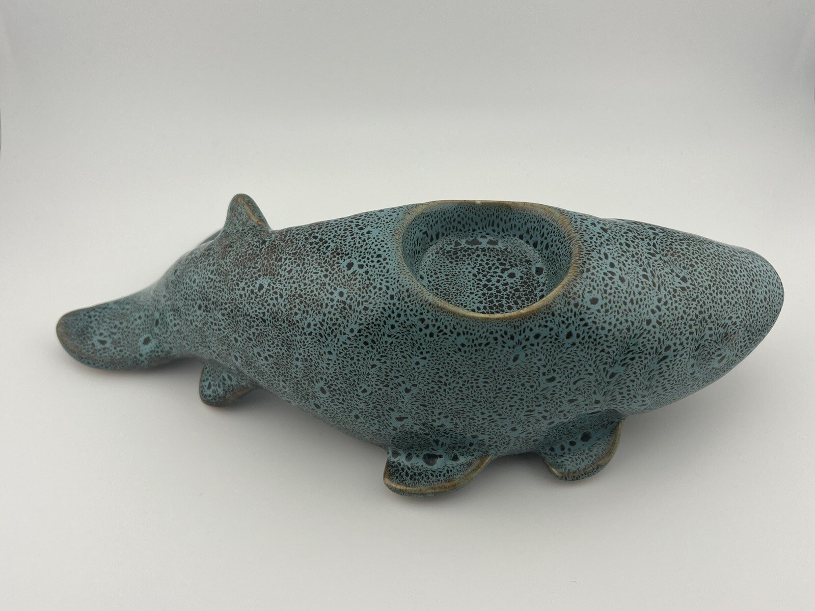 Ceramic Fish Whale Candle Holder Teal Speckled Unique Fisherman Decor Lake