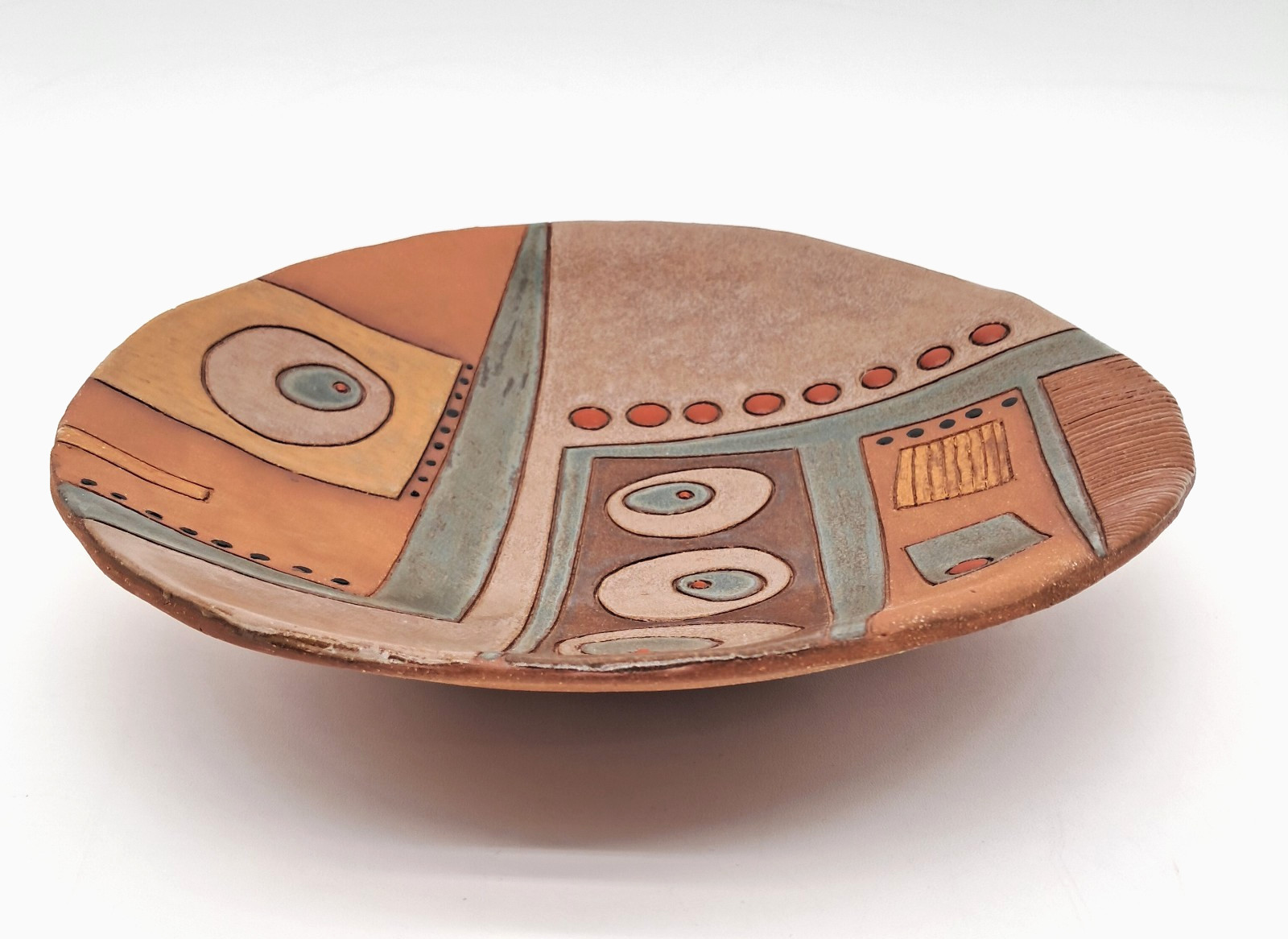 VTG Signed Studio Art Pottery Footed Dish Bowl Picasso Vibe Modernist Cubist MCM