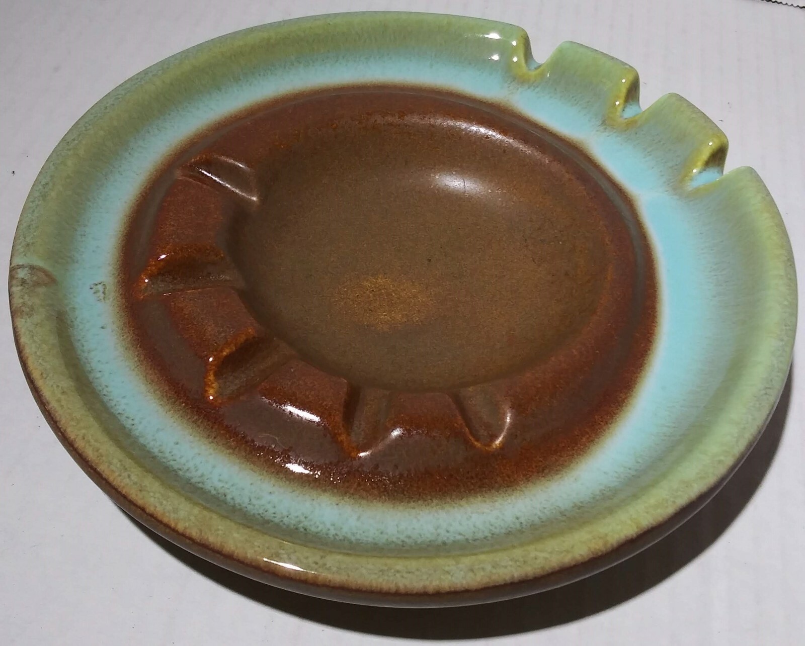 Vintage Pottery Ashtray Round 7″ Green Blue & Brown