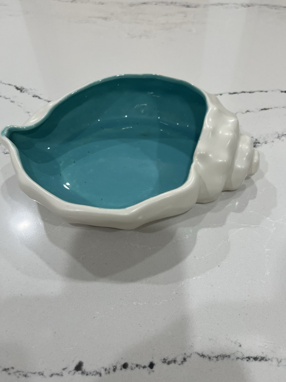 Vintage MCM West Coast Pottery Seashell Dish White & Turquoise 9 x 6 x 2.25”