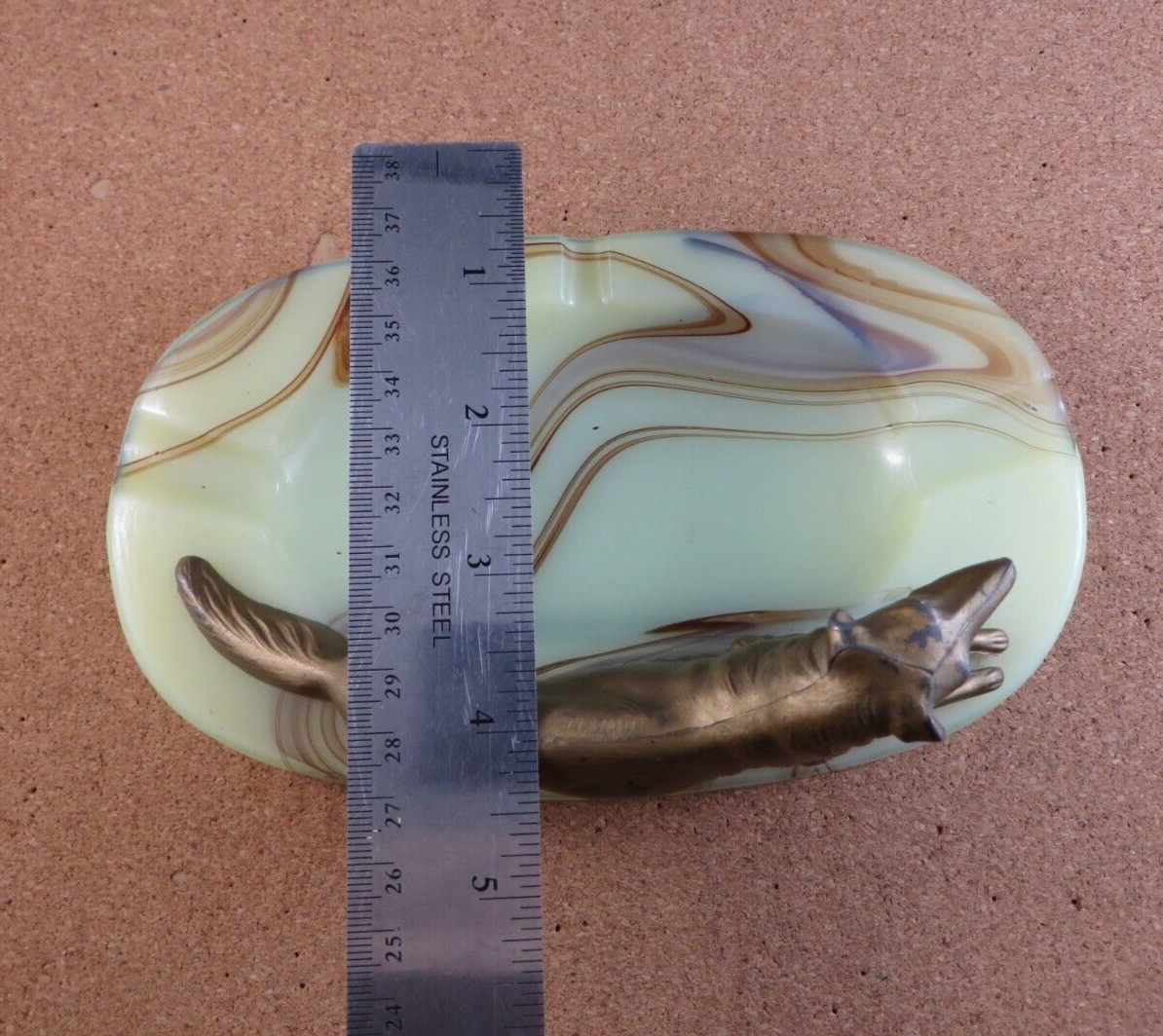 Antique Bronze Enamel Metal Borzoi Dog Figurine Swirl Stripe Slag Glass Ashtray