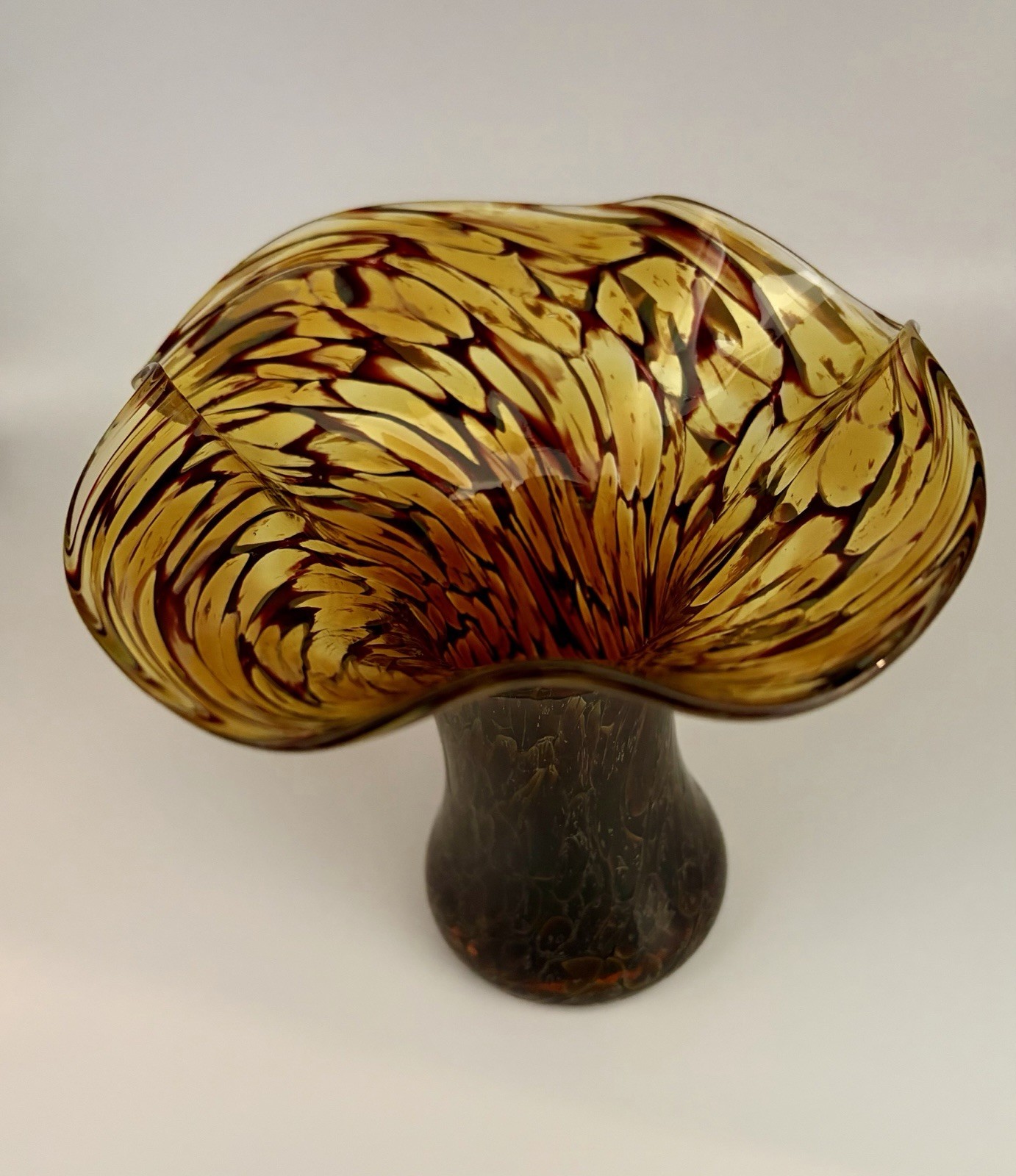 Hand Blown Feathered Art Glass Sculpture Vase Amber Brown Ruffled Art