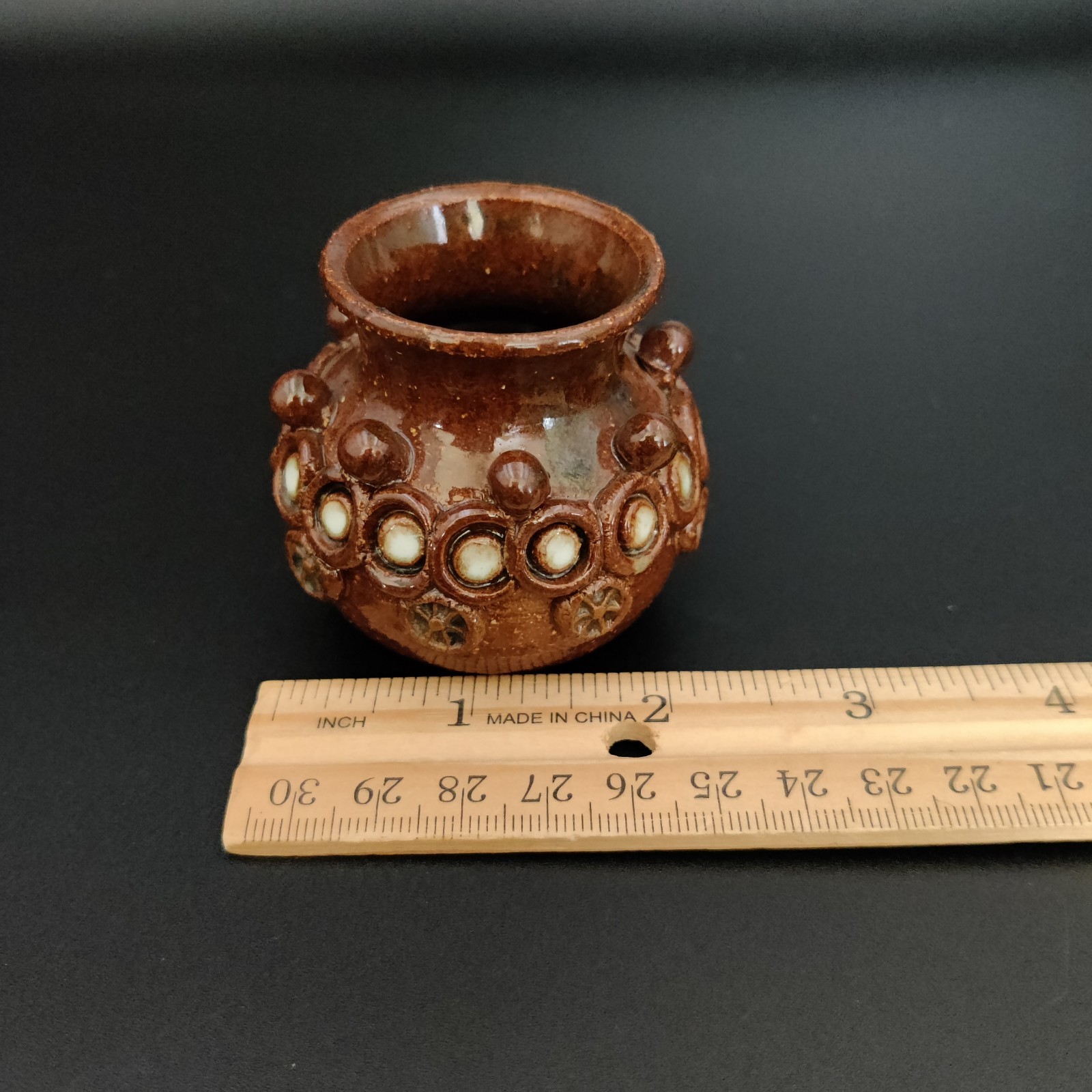 Miniature Brown Pottery Vase Signed Arlene with Applied Decorative Details