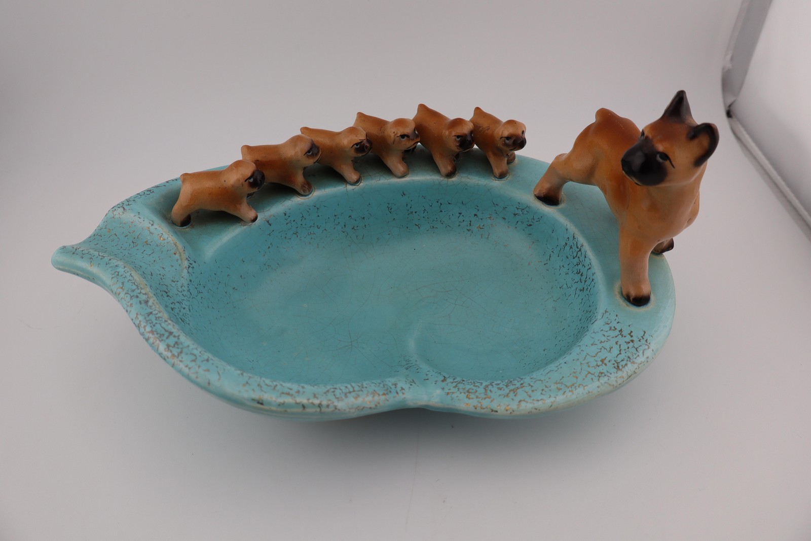 Vintage Boxer Ashtray Family Turquoise Ceramic MCM Decor Puppies Trinket Dish