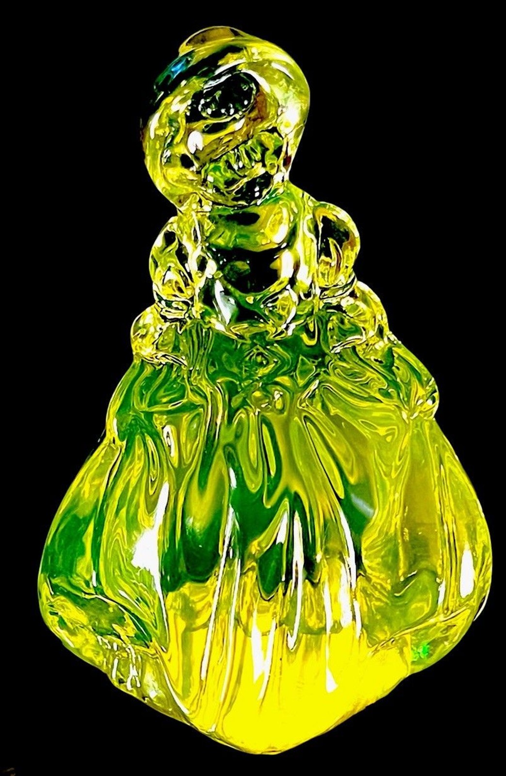 Mosser Vaseline Uranium Glass Large Minuet Girl Figurine UV Glow Yellow Green