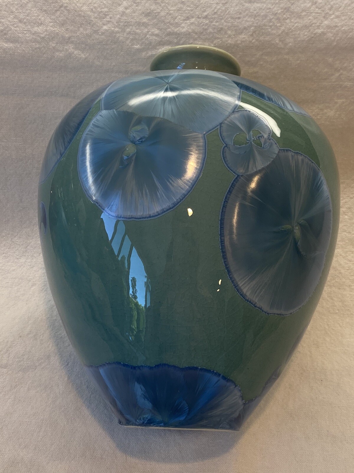 Signed Louise Reding High Fired Crystalline Glaze 7.5” Tall Vase Green Blue Mint
