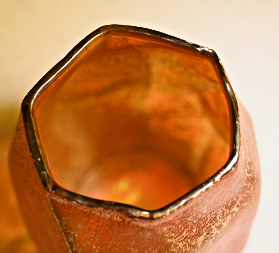 Vintage Hand Blown Iridescent Copper Art Glass Vase Faceted Studio Glass