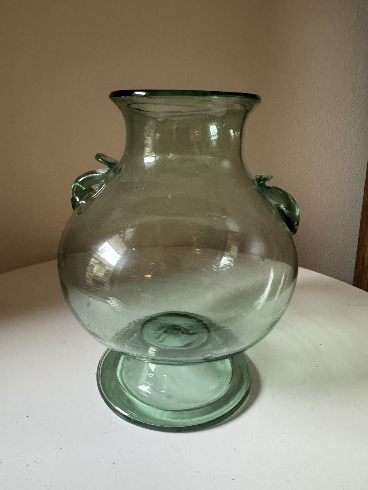 Mid Century Blanco Mexican Glass Amphora Vase Sage Green Tlaquepaque Folk Art