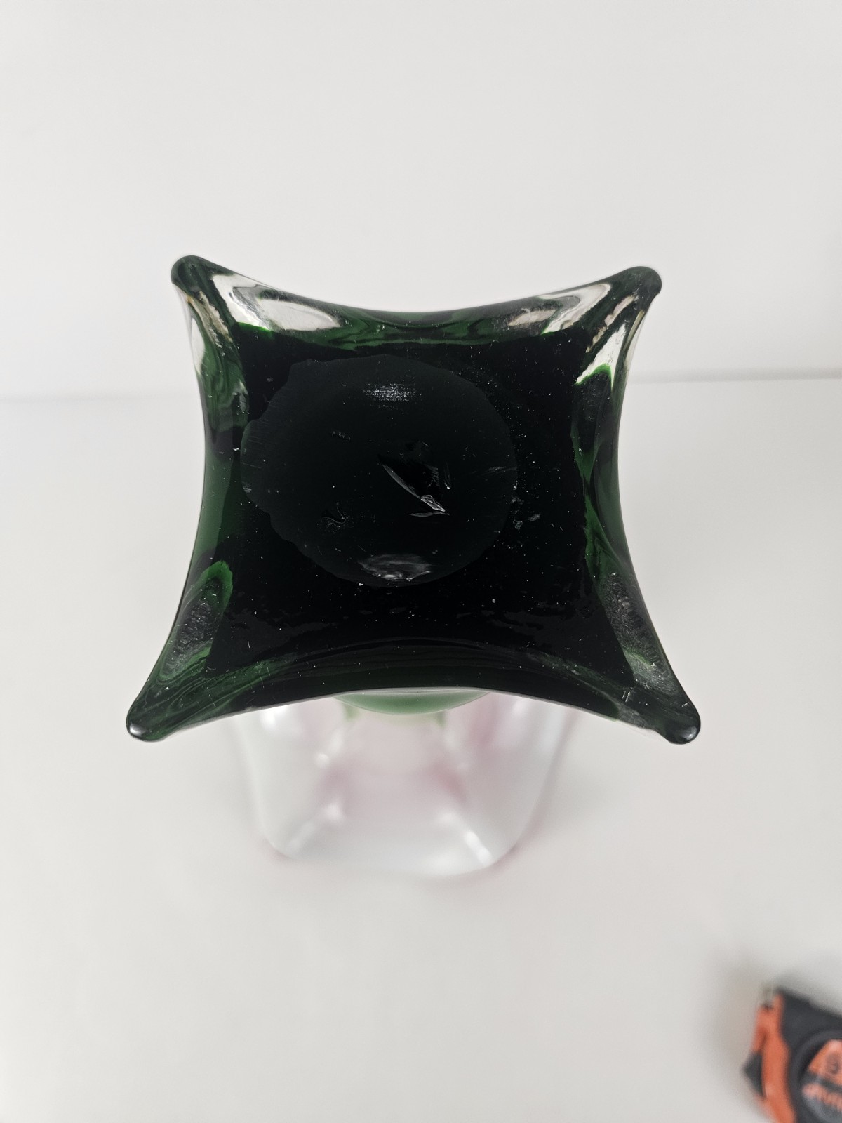 Vintage Hand Blown Tulip Vase Cased Art Deco Glass Trumpet Red White Green 14.5″