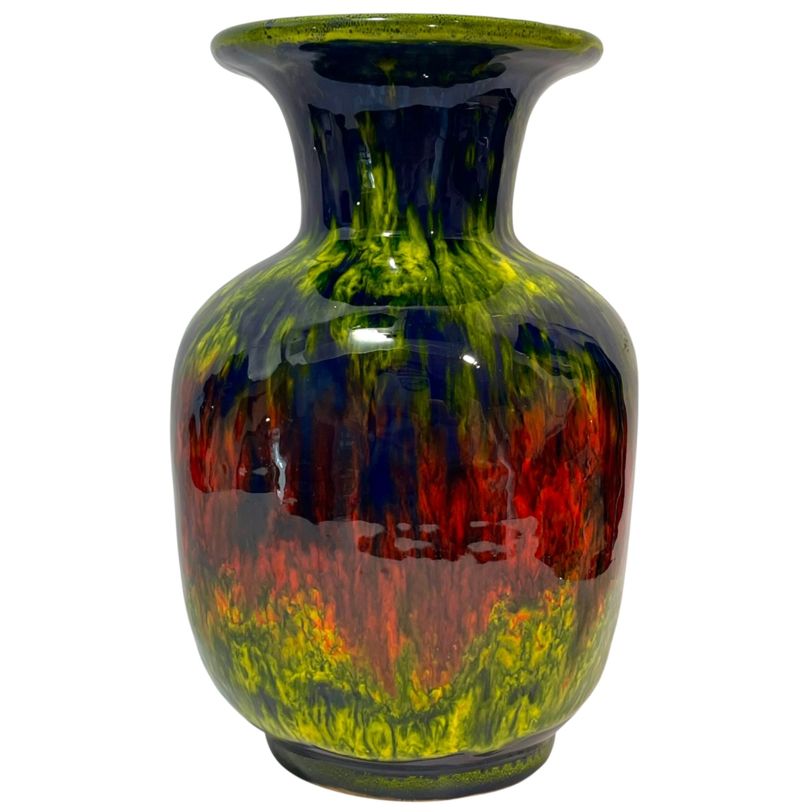 Vintage 1950s Italian Pottery Art Vase Vibrant Orange and Yellow on Cobalt Blue