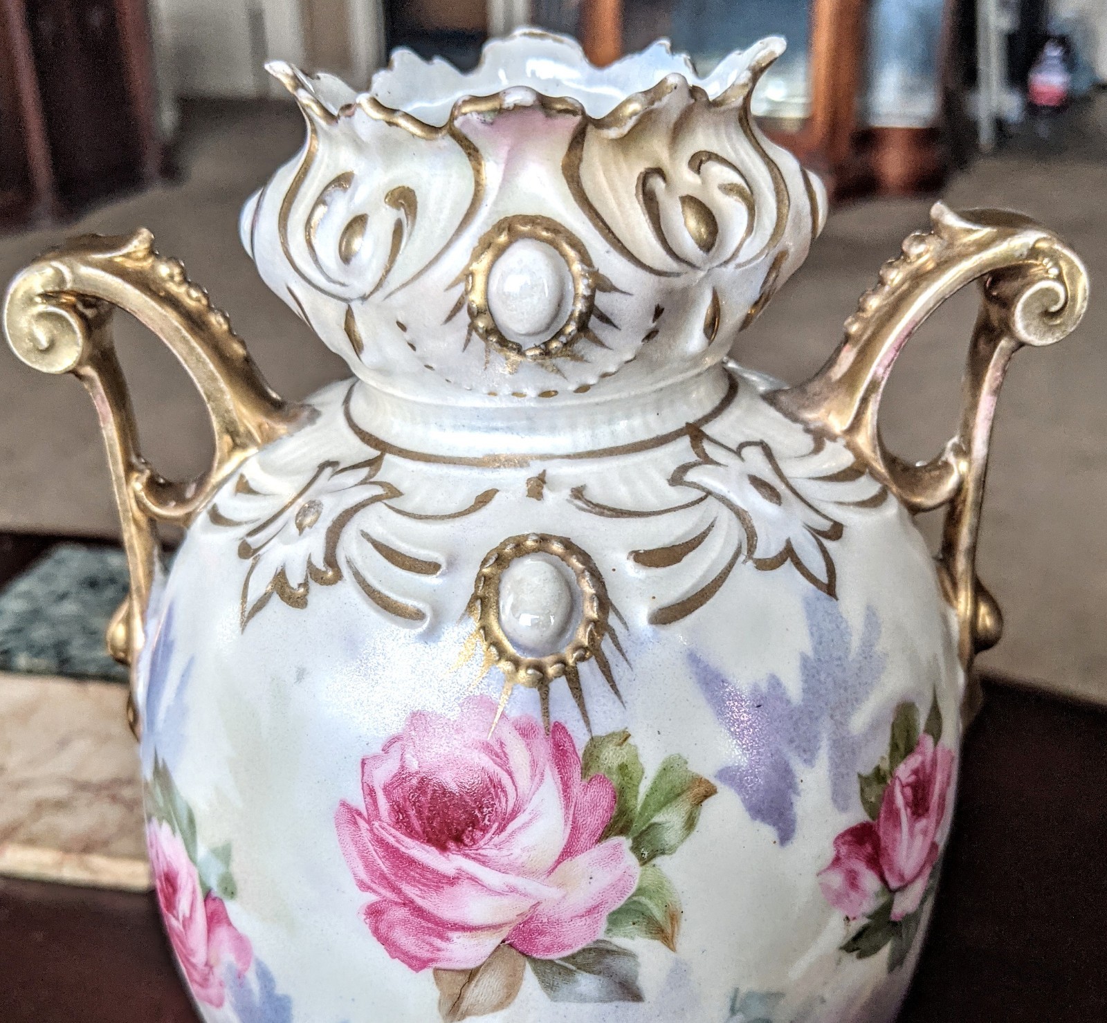 19thC RS Prussia Dbl Handled Jewel Mold Vase Roses Iridescent Finish 10″