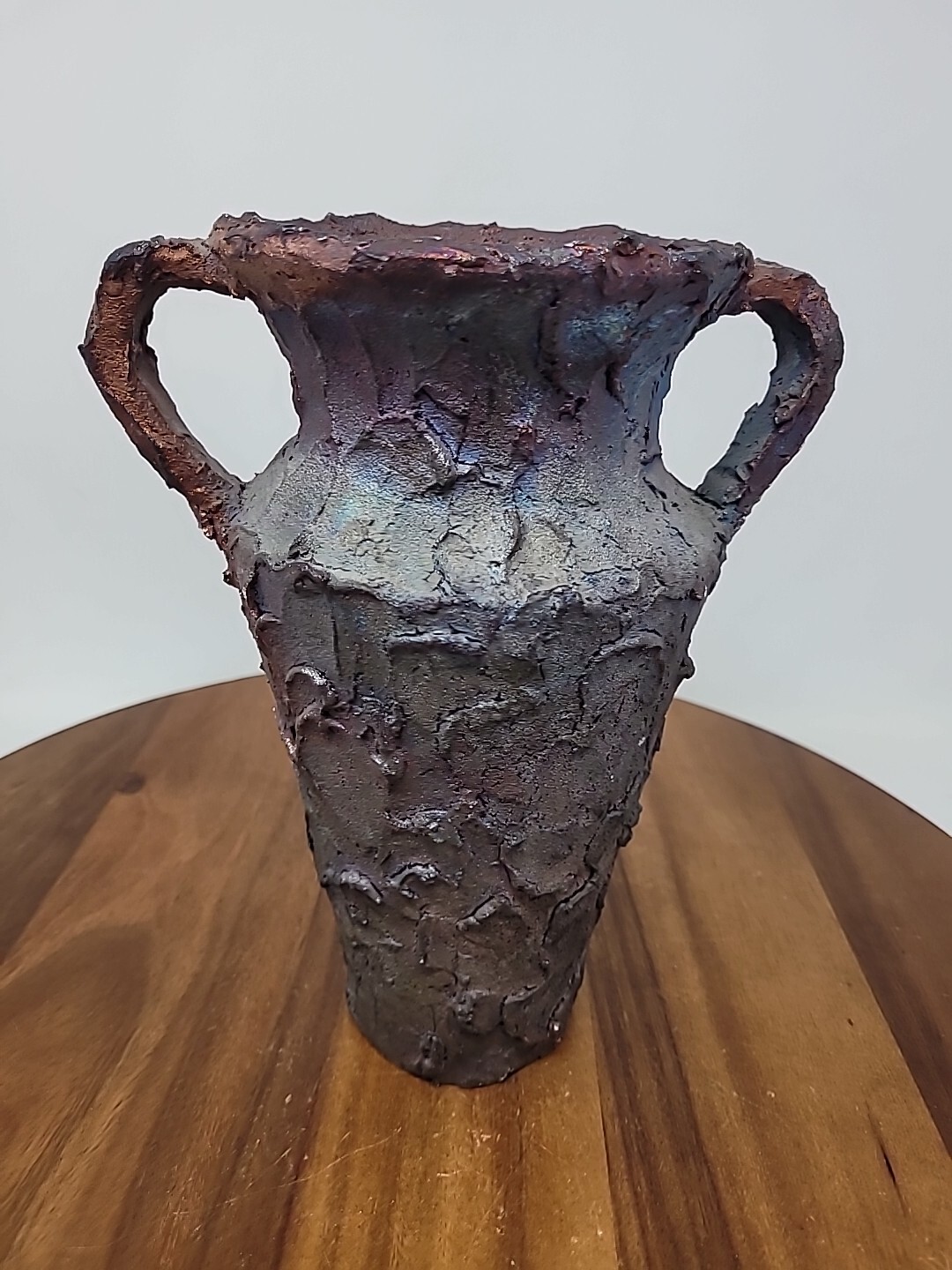 Iridescent Copper Fuming Raku Fired Pottery Handled Vase Signed