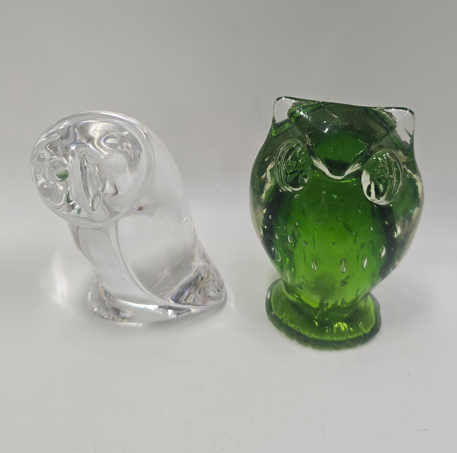 Vintage Atlantis Portugal Art Glass Owl Figurine & Green Controlled Bubble Owl