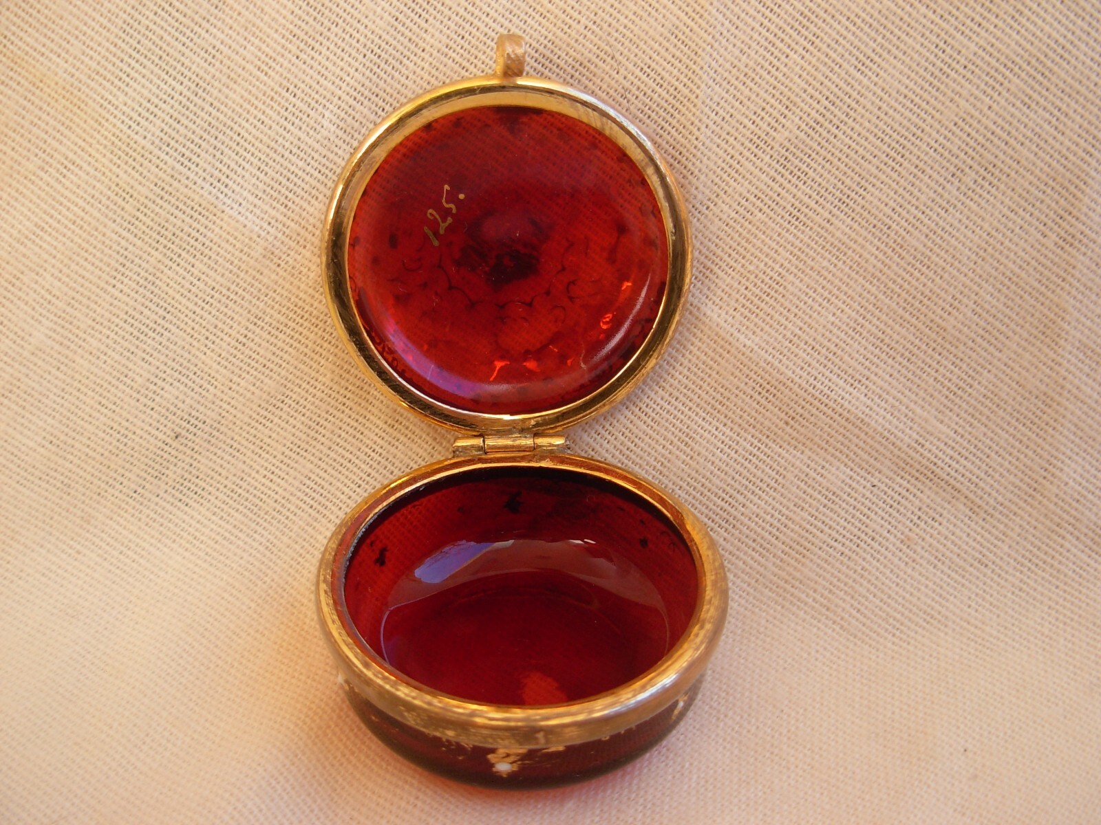 ANTIQUE BOHEMIAN ENAMELED RED GLASS PILL BOX WITH GILT BRASS MOUNT,LATE 19th.