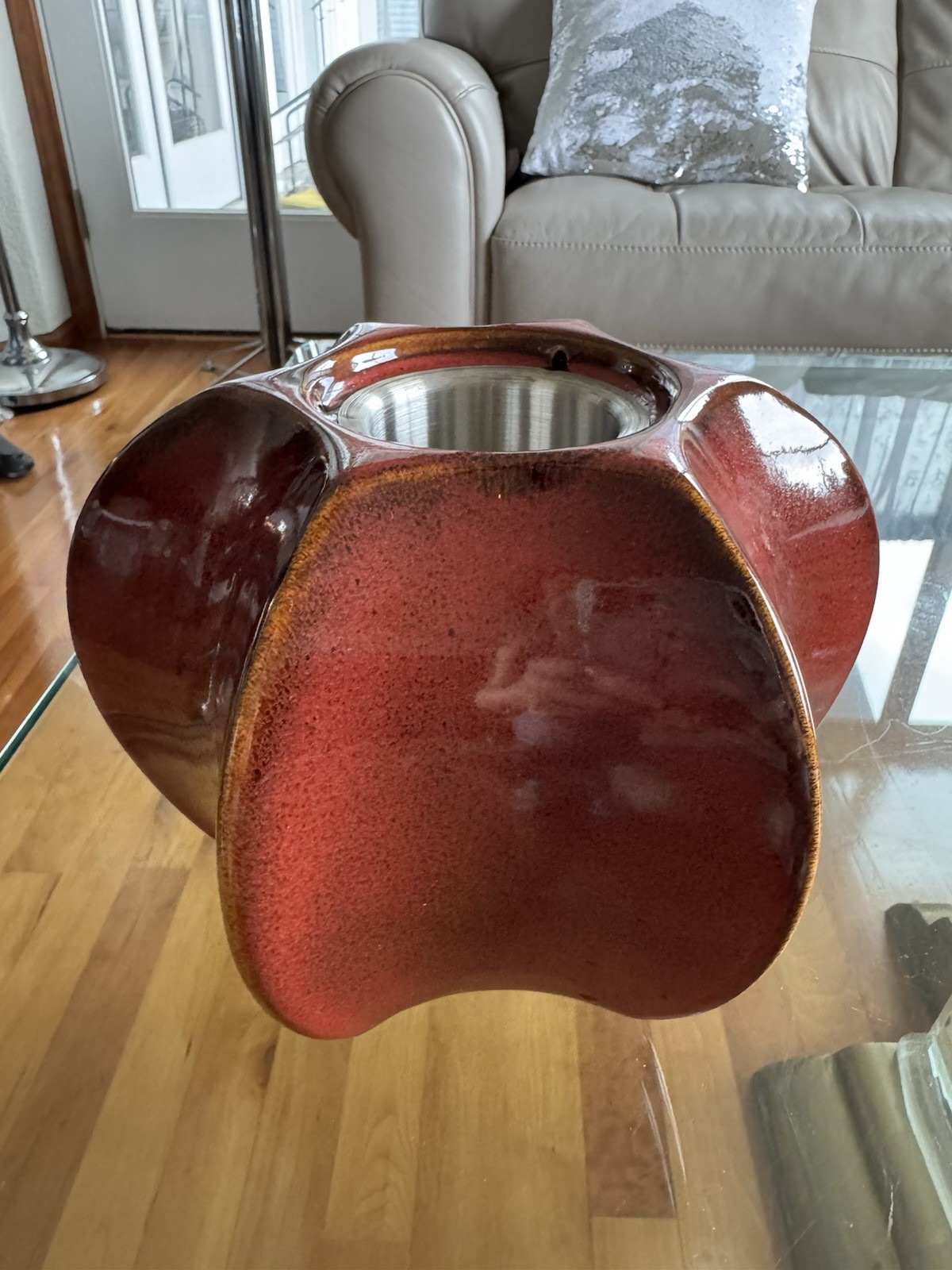 Red & Brown Glossy Star-Shaped Ceramic Candle Holder 8.5”x6.5”with Metal Insert