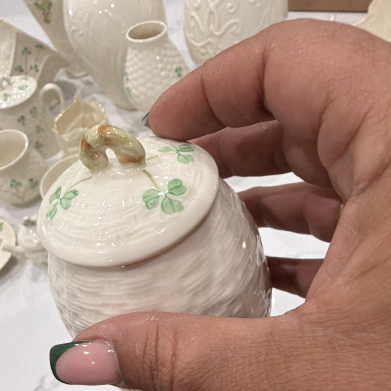 Belleek Ireland Shamrock Ceramic Vase White Green Glossy Finish Irish 1973 26 pi
