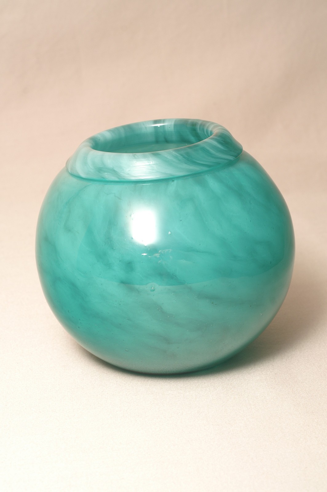 Vintage Blown Glass Turquoise Green Swirl Ball Vase Folded Rim Pontil Mark
