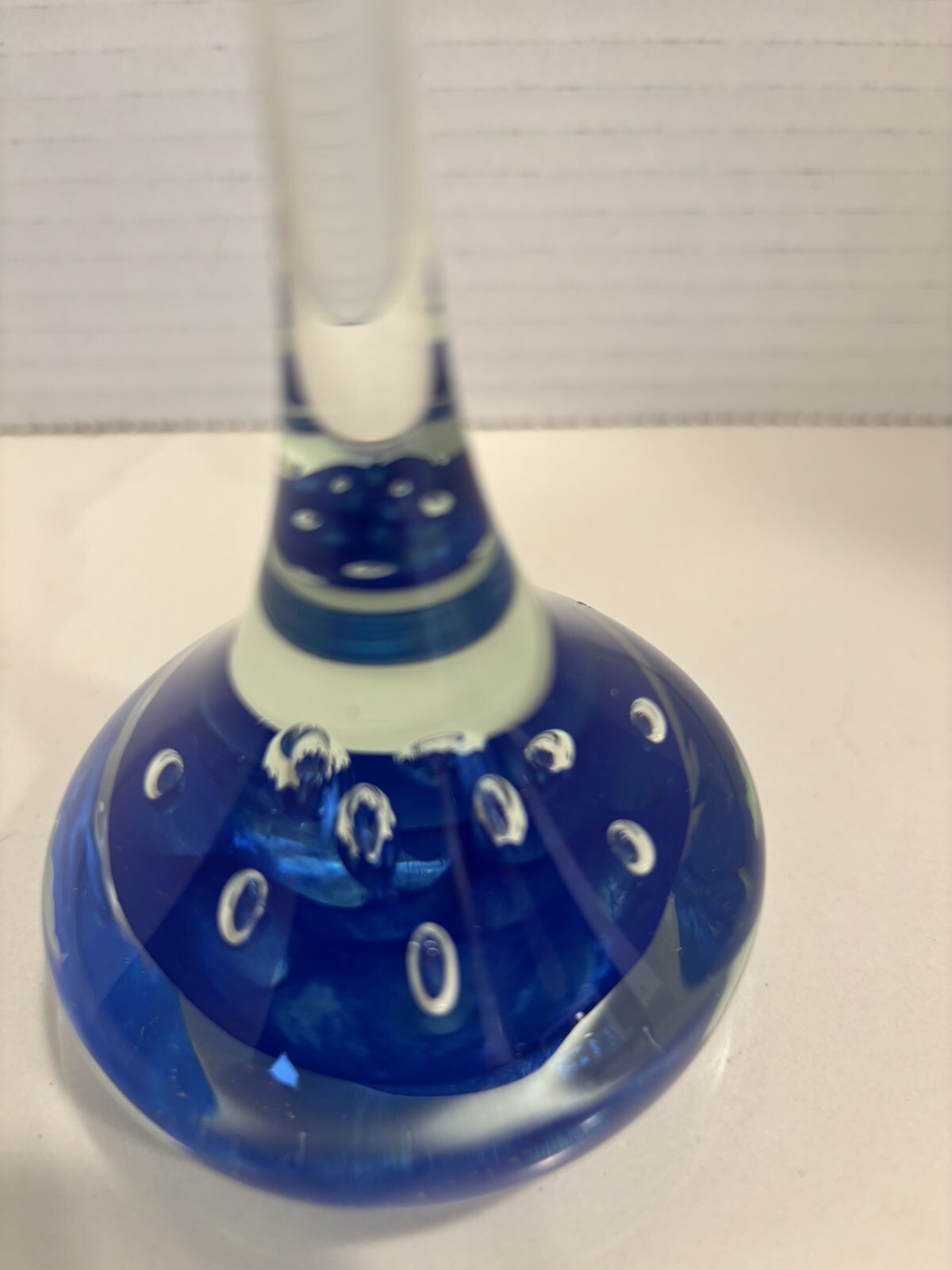 Paper Weight Ring Holder Blue and Clear Controlled Bubbles approx 4 1/2 in Tall