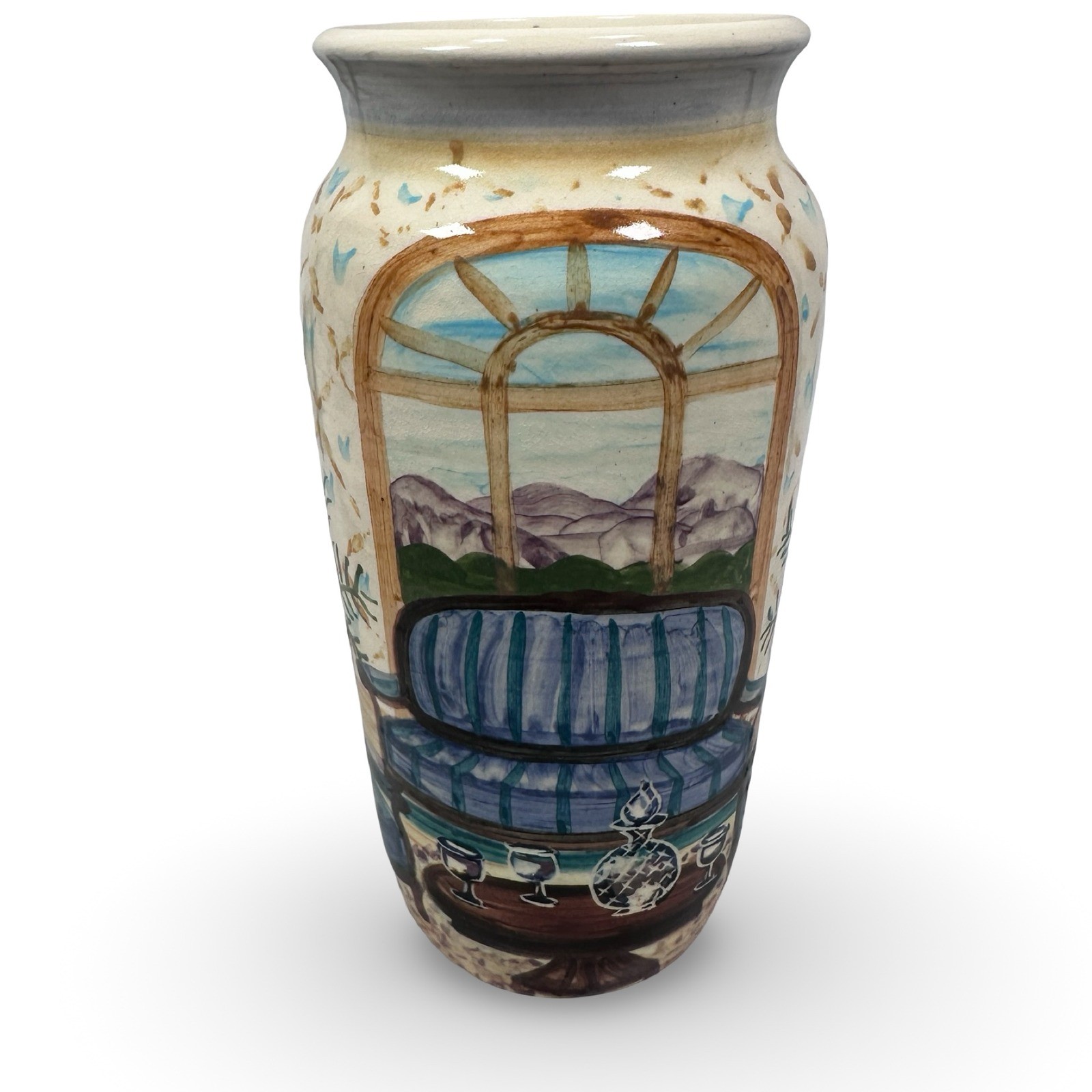Liz Lawrence Redware Pottery Vase 1992 Hand Painted Scenic Interior Landscape
