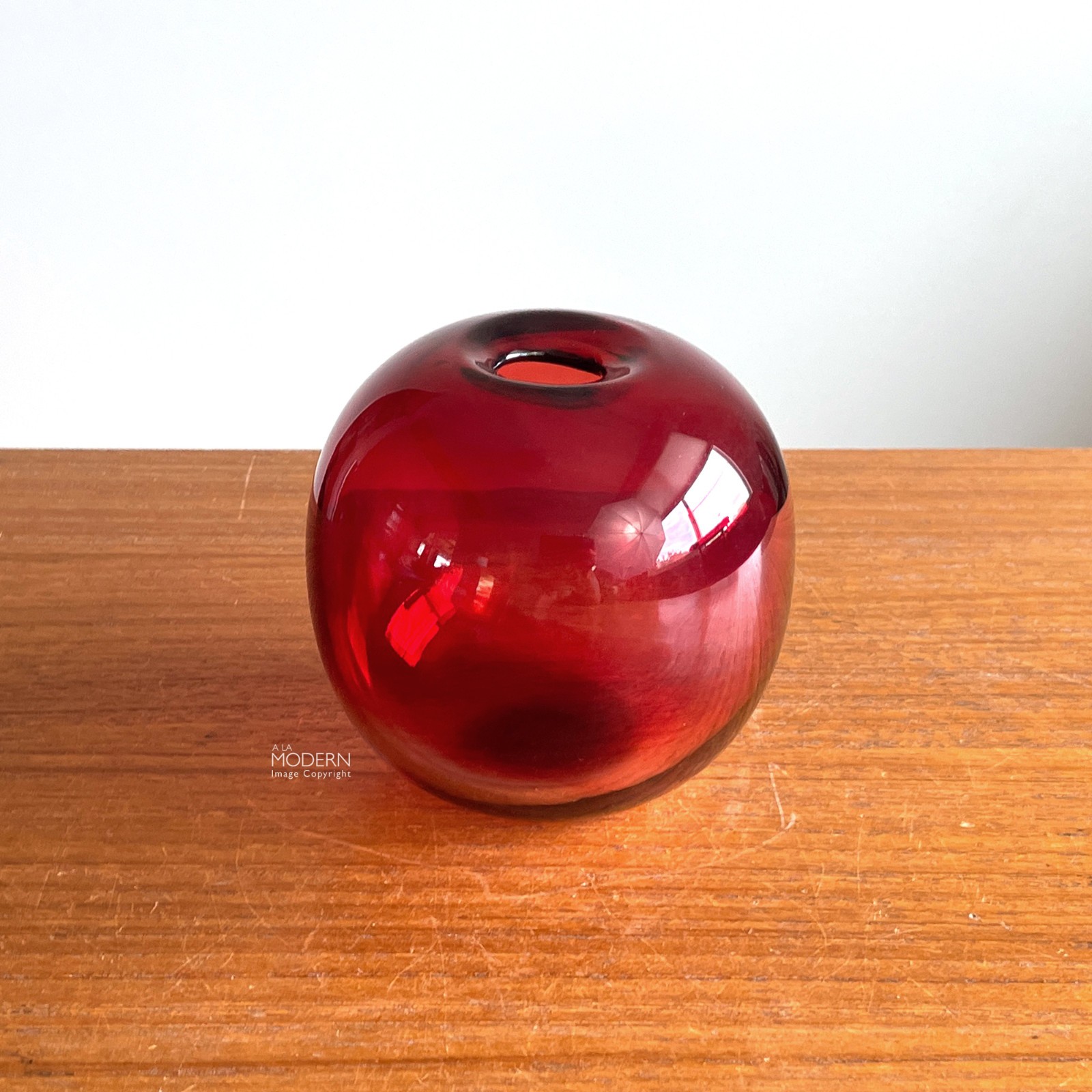 Rolf Wald Modernist Signed 1988 Cranberry Red Art Glass Orb Shape Vase 3 1/4″