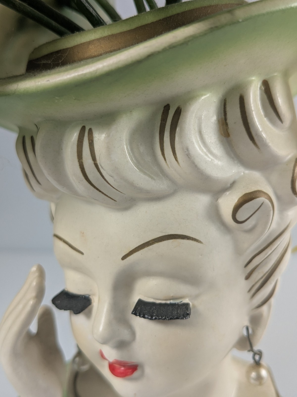 Vintage Lady Head Vase Tilso Headache Hand Original Plastic Flowers & Jewelry