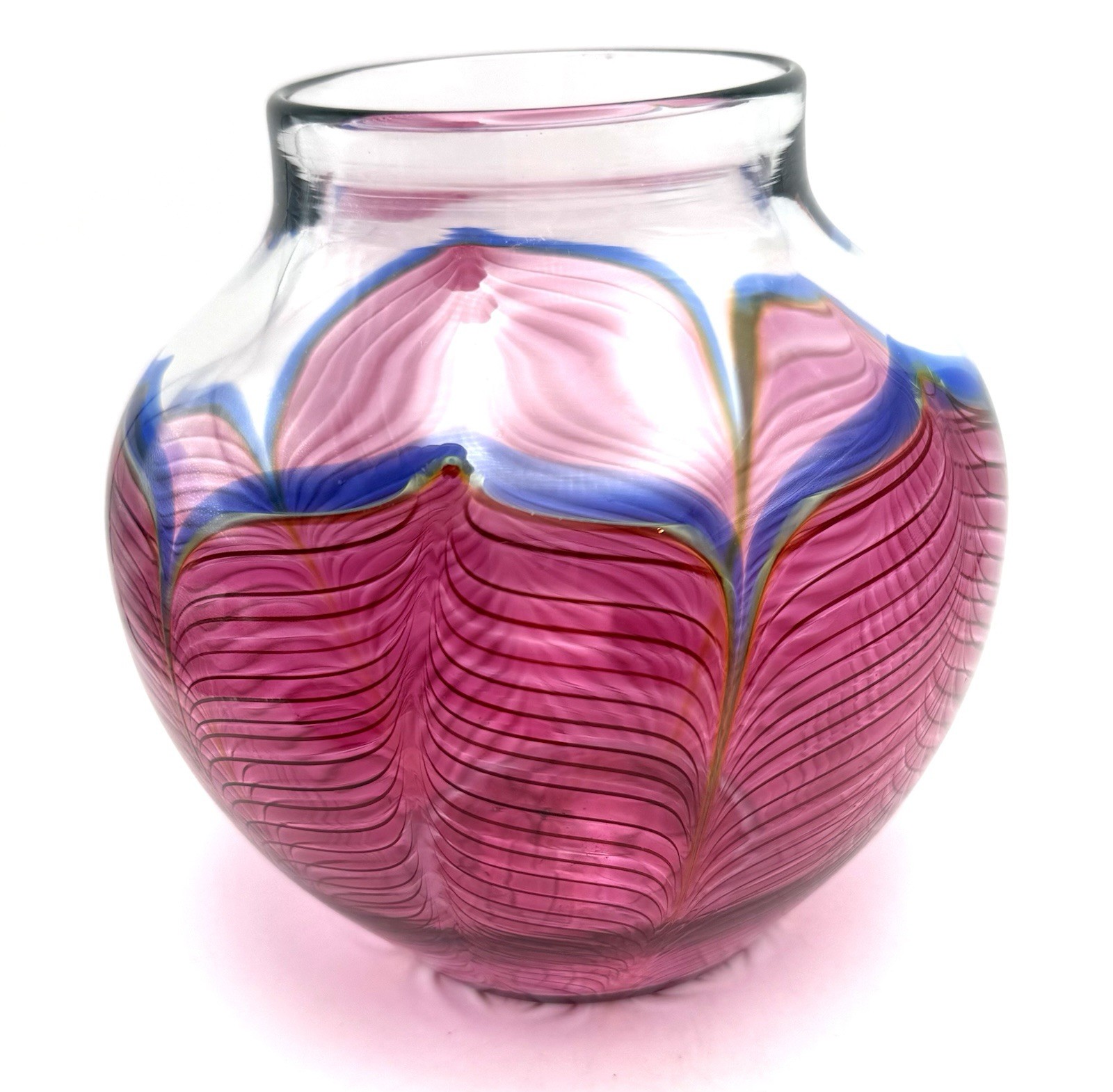 Zellique Studio Signed JM Joseph Morel Pulled Feather Vase 5.75” 1990 Art Glass