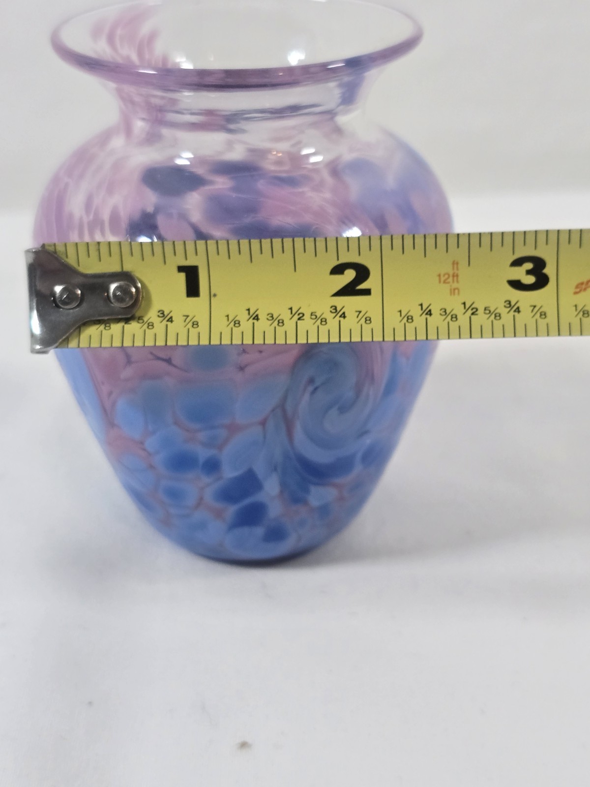 Blue Pink Swirl Studio Art Glass Vase signed by Artist glass Is 4.5″T X 2.5″W