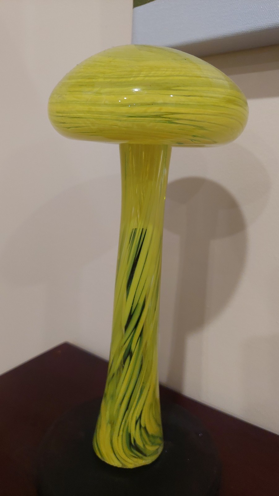 RARE Vintage Retro Hand-Blown Art 3-D Glass Mushroom Yellow Lime Swirl Tall