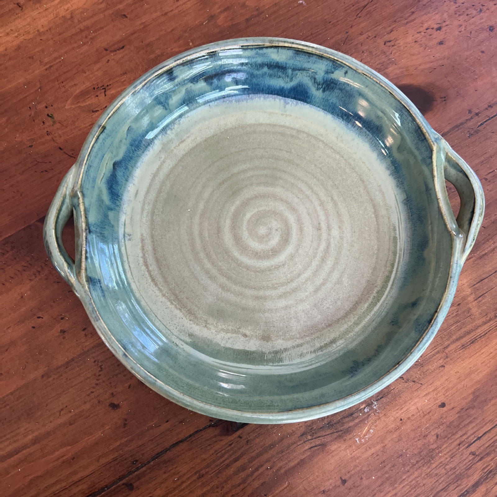 Signed Studio Pottery Platter Stoneware Swirling Blue Green Glaze 12″