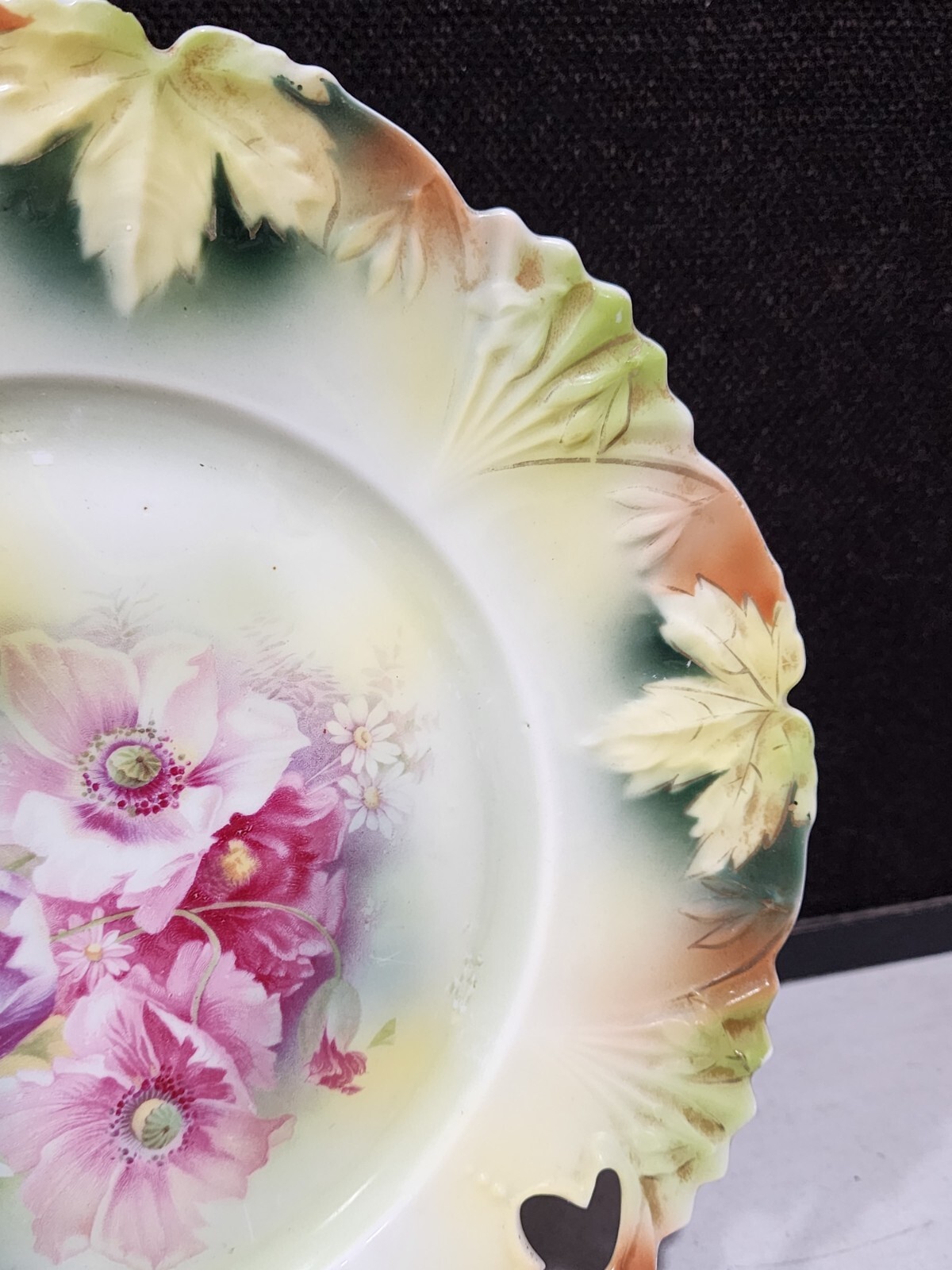 Antique 10.5″ RS Prussia Plate Maple Leaf Mold Pink Floral Center READ