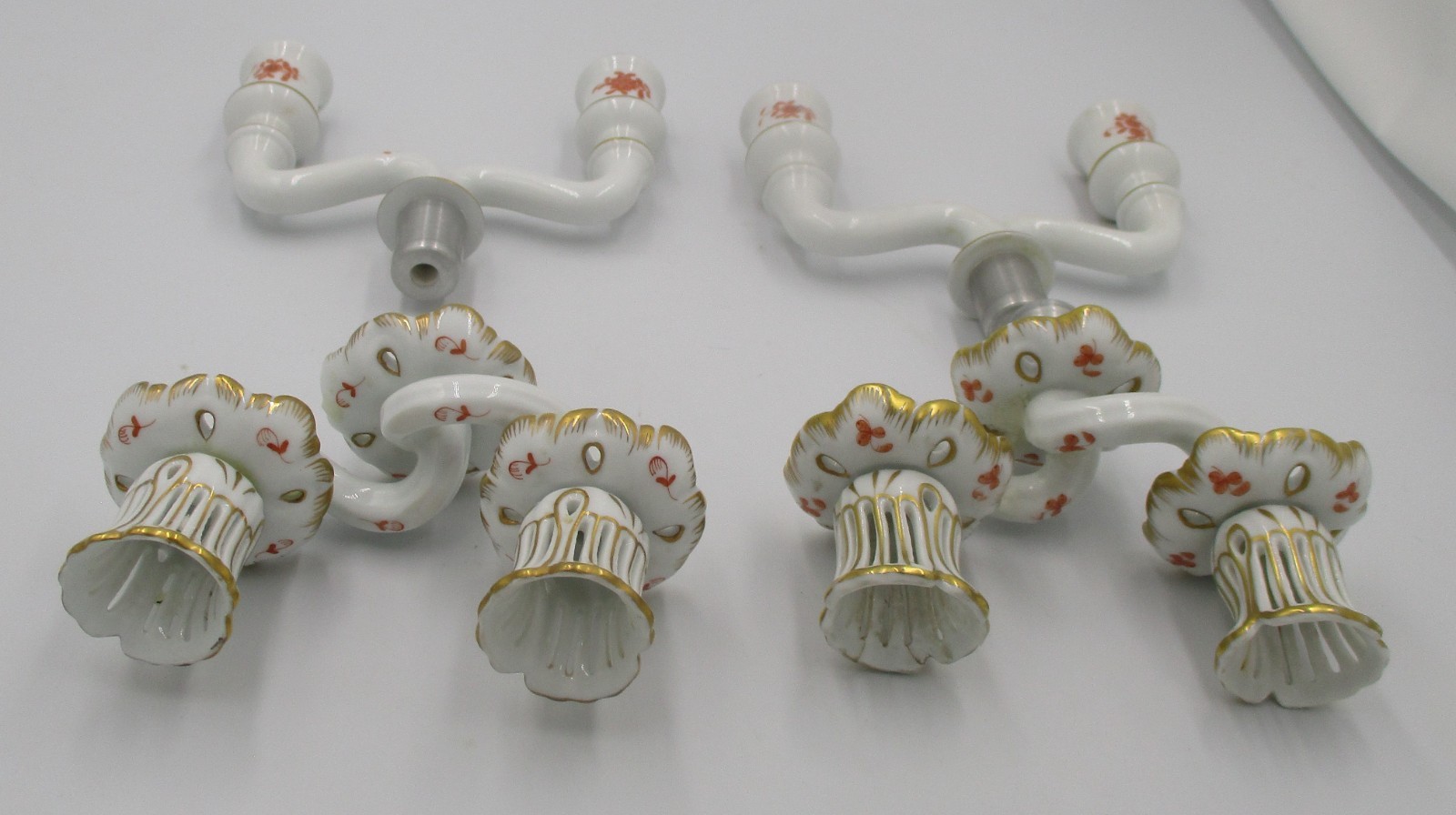 Pair Herend Chinese Bouquet Rust Candlesticks with Two Different Arm Styles