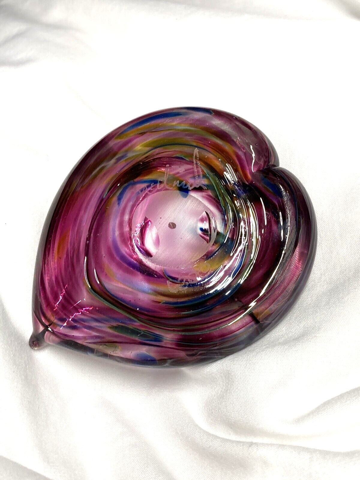 Hand Blown Glass Marbled Pink Purple Blue Heart Paperweight 3″
